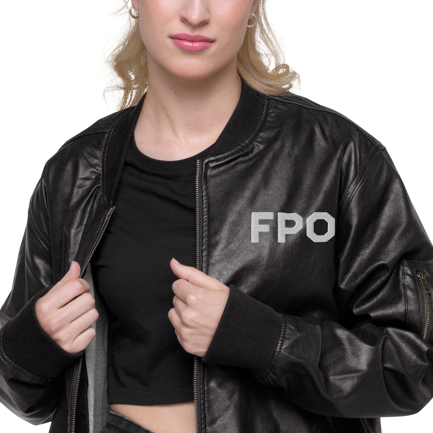 FPO Embroidered Faux Leather Bomber Jacket
