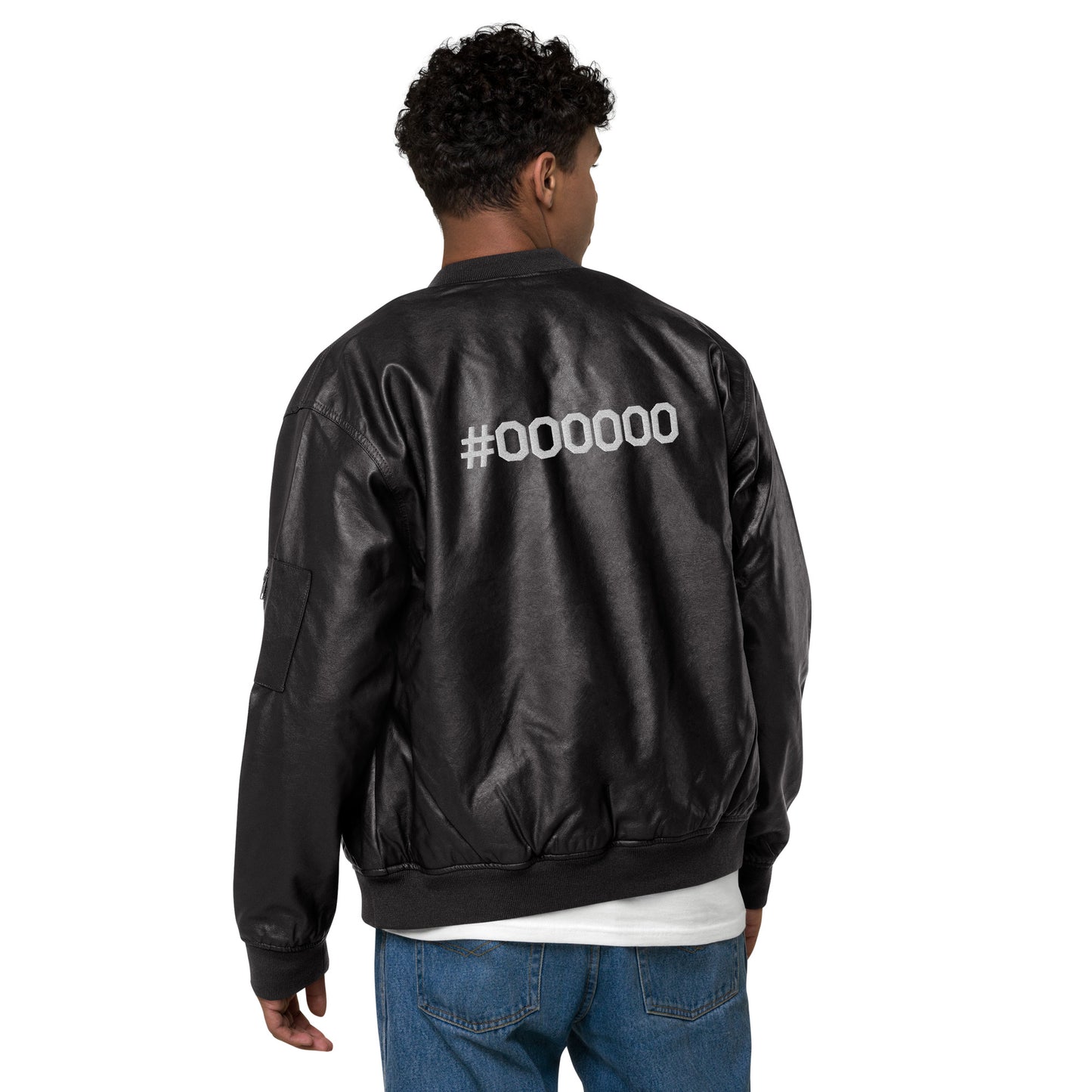 #000000 Embroidered Faux Leather Bomber Jacket