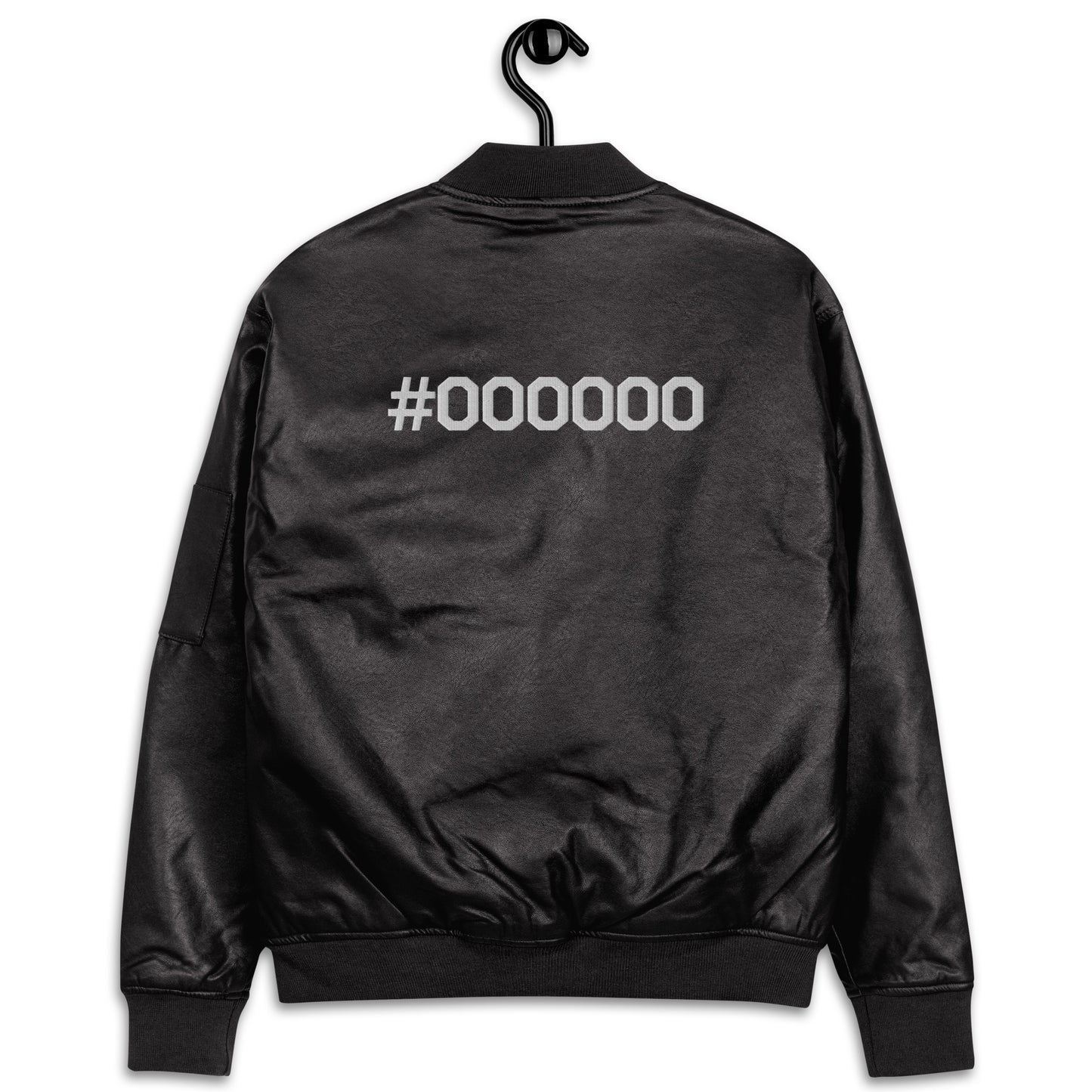 #000000 Embroidered Faux Leather Bomber Jacket