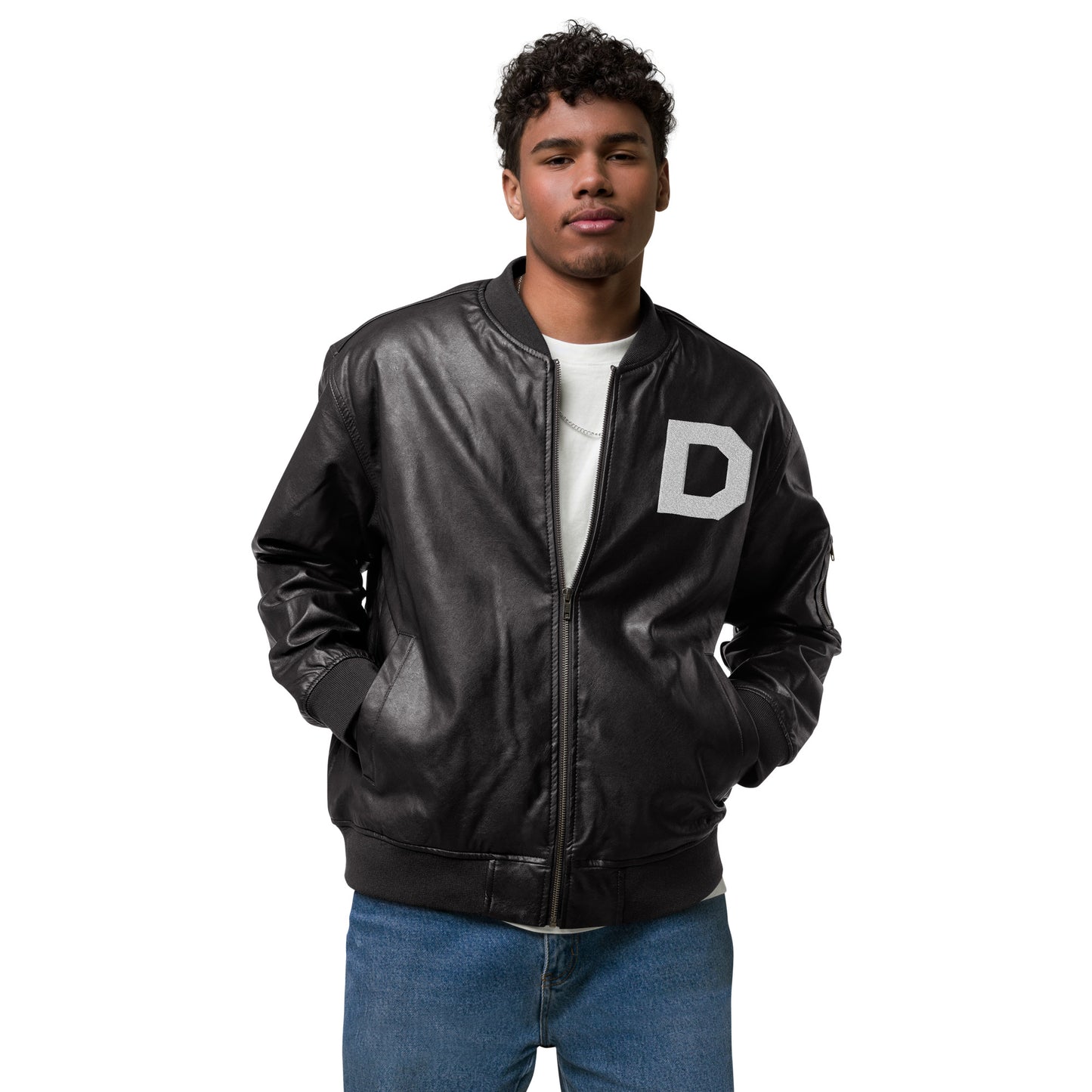 D Icon Faux Leather Bomber Jacket