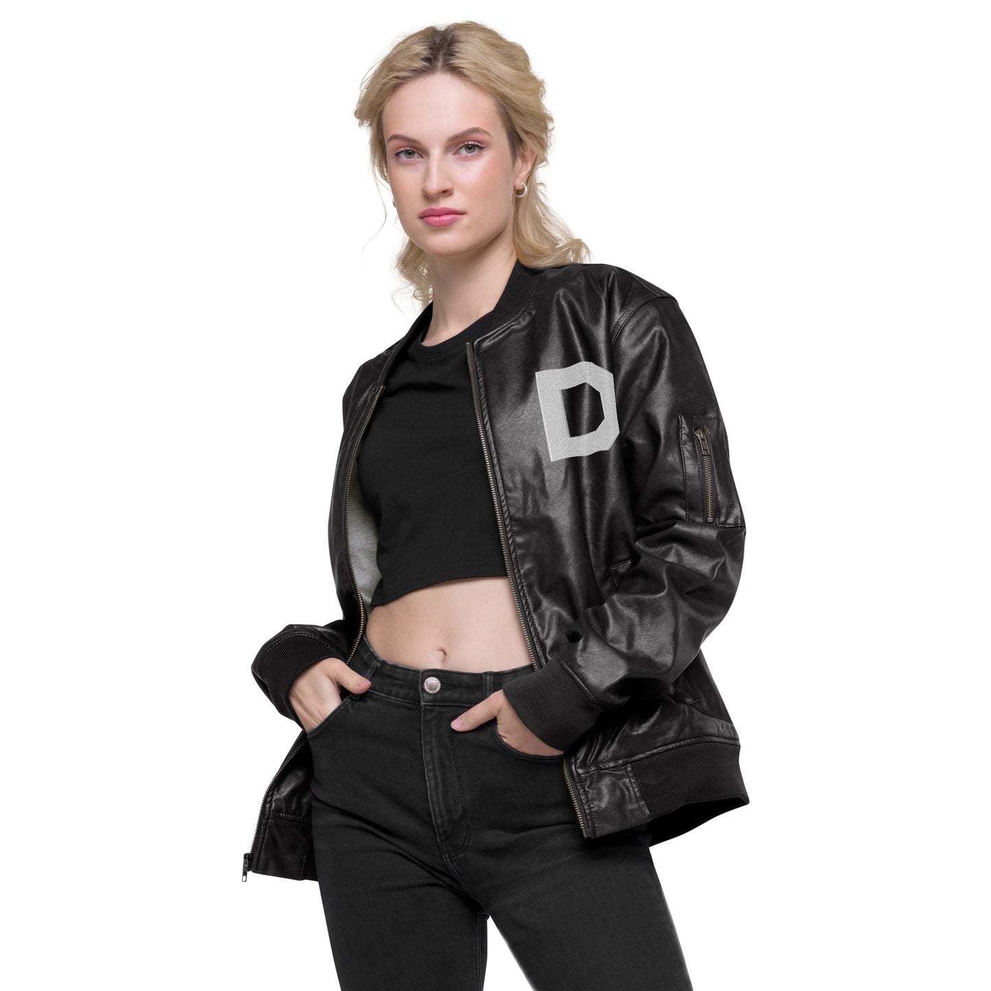 D Icon Faux Leather Bomber Jacket